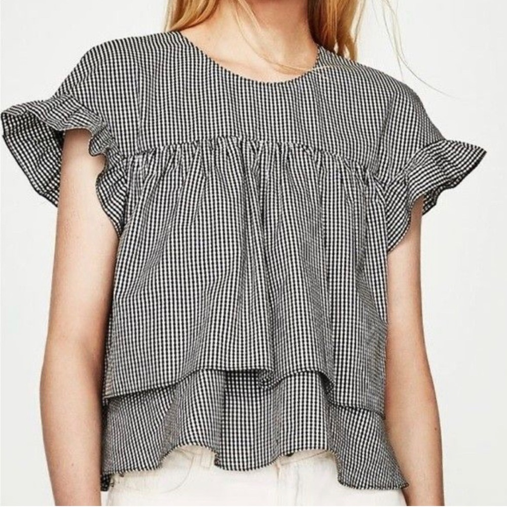NWT Zara women gingham babydoll ruffed top summer blouse, sz S black & white